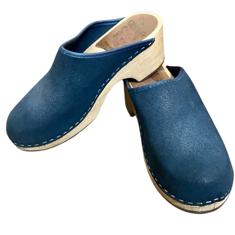 Olsen Clogs Navy Blue Leather Swedish Wooden Clogs Size 35 Euro Size 5 US